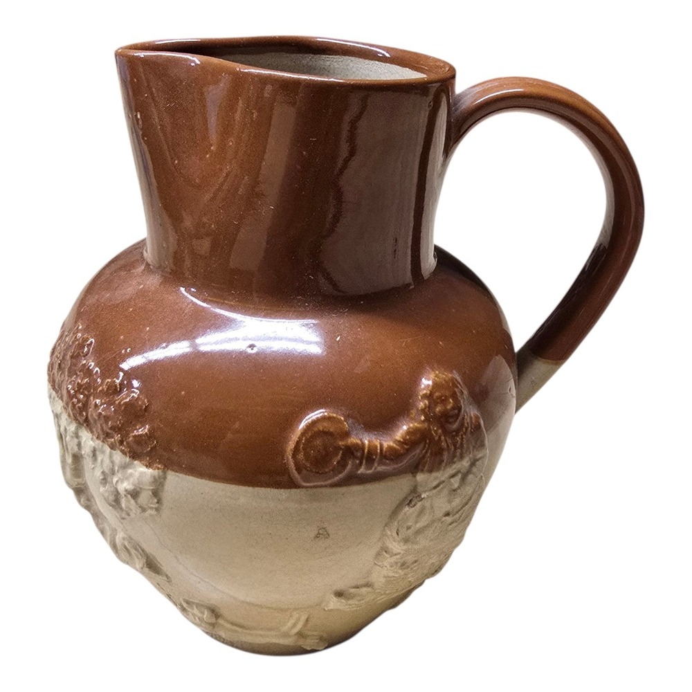 Antique Stoneware Hunting 5 1/2" Pitcher Jug 1870's Two-tone Brown